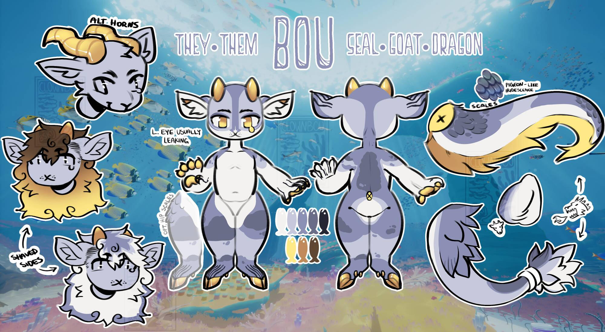 Untitled A complete reference sheet of a seal-goat-dragon anthro featuring a front and back view. Multiple tail references rest next to the body patterns. Other miscellaneous refs such as hair, horns, and color palettes. The background is a screenshot of the game A