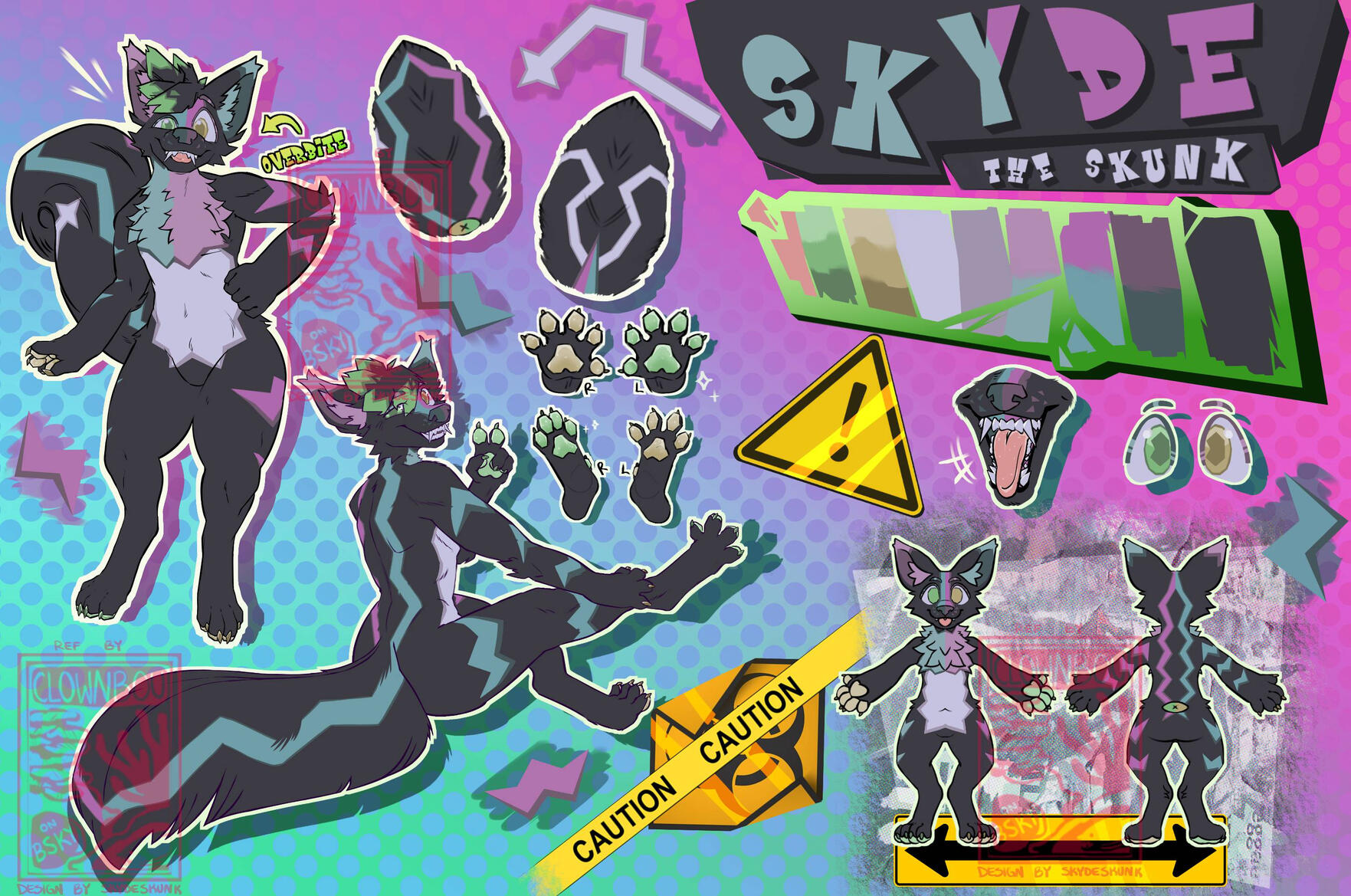 Untitled A complete reference sheet of a skunk anthro featuring different poses: The anthro grins toothily, either sitting splaying their beans or posed with their hand on their hip. A plain fullbody reference rests under the color palette and name plate. Other mis